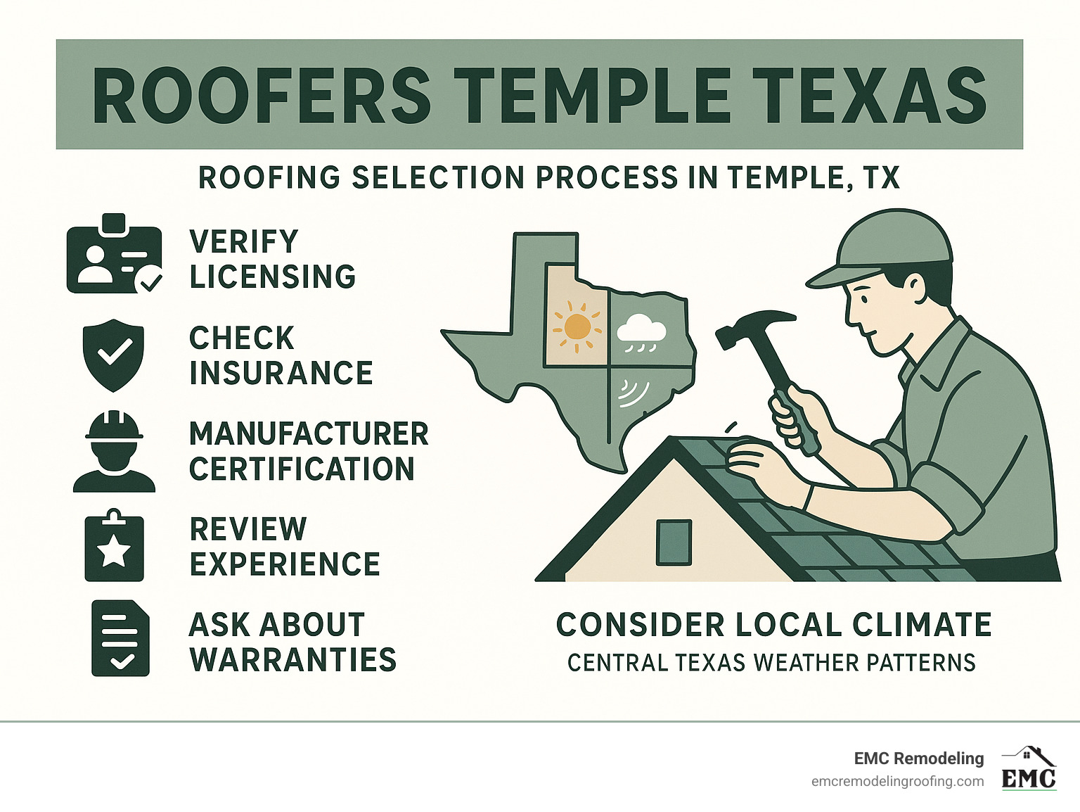 Comprehensive infographic showing the roofing selection process in Temple TX, including key factors like licensing verification, insurance coverage, manufacturer certifications, experience levels, warranty information, and local climate considerations specific to Central Texas weather patterns - roofers temple texas infographic 