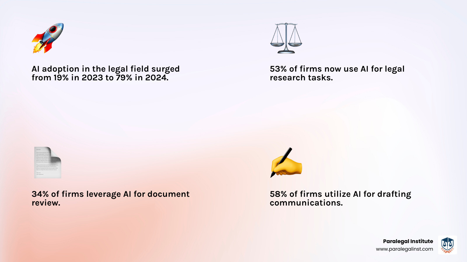Infographic showing the growth of AI adoption in law firms from 19% in 2023 to 79% in 2024, with breakdown of specific uses including 53% for legal research, 34% for document review, 23% for contract templating, 21% for due diligence, 15% for findy review, and 58% for drafting communications - ai tools for paralegals infographic 4_facts_emoji_light-gradient