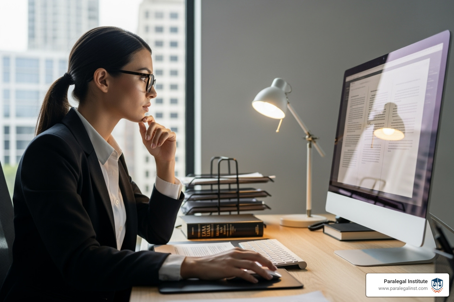 paralegal interacting with a computer, looking thoughtful - ai tools for paralegals