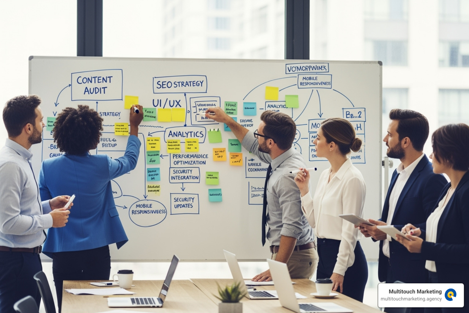 Team collaborating on website management checklist - how to manage a website
