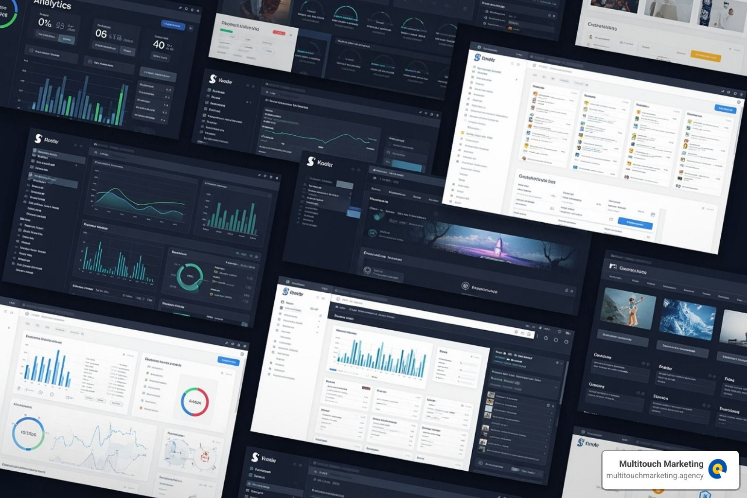A collage of website management tool interfaces showing analytics, CMS, and security dashboards - website management