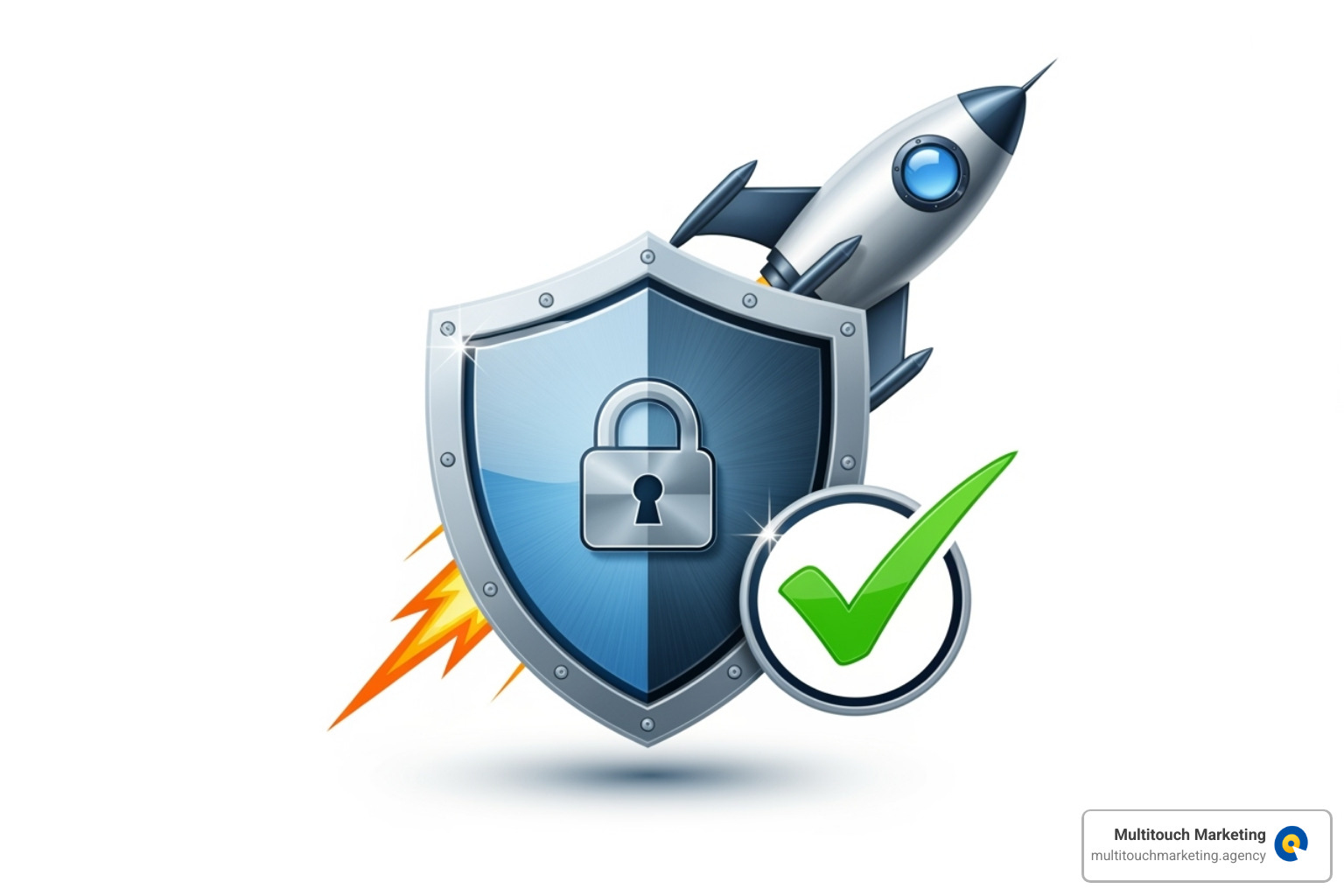 Shield, rocket, and checkmark icon representing security, speed, and reliability - wordpress site management services