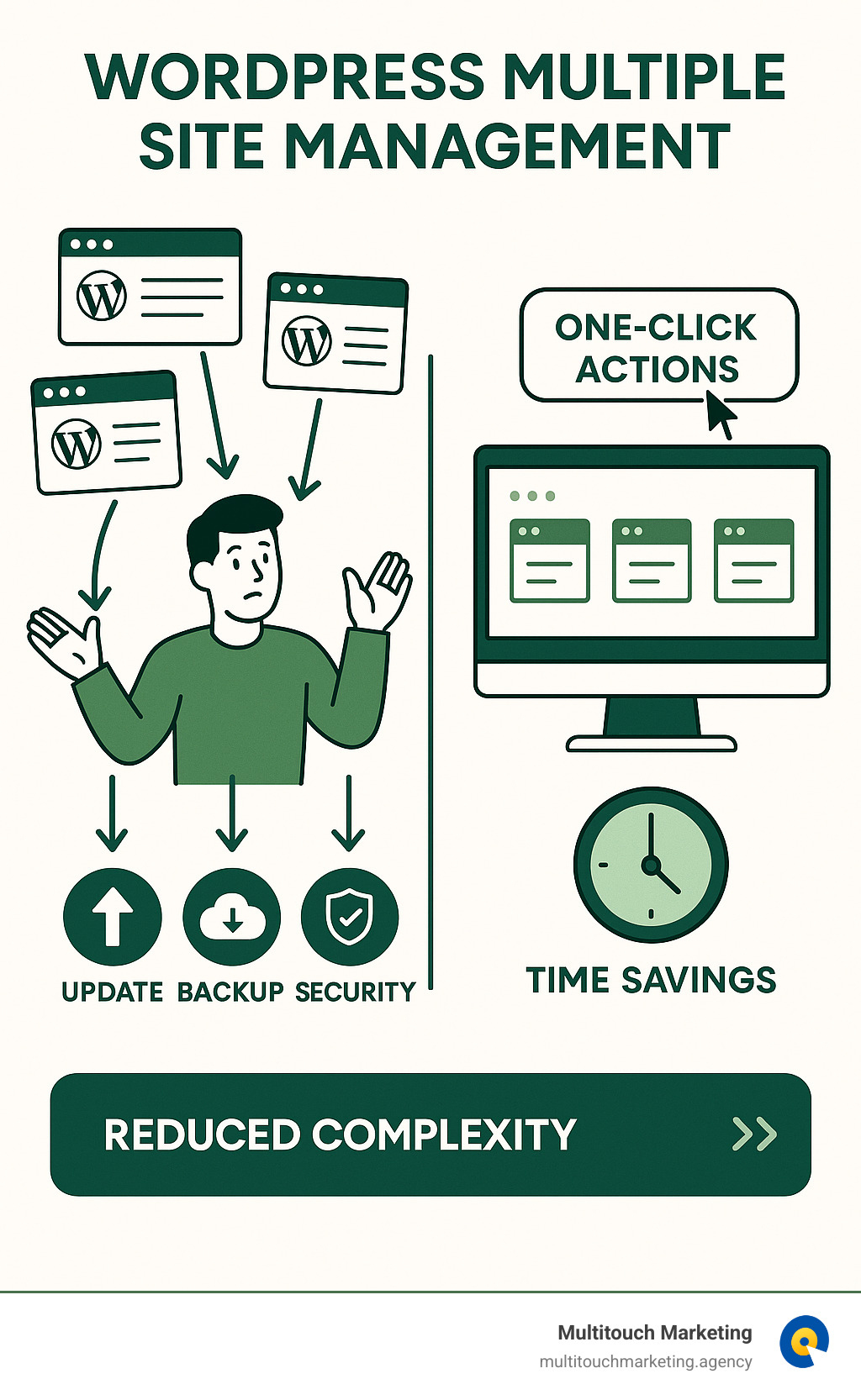 Infographic showing workflow comparison: left side shows person juggling multiple individual WordPress dashboards with arrows pointing to separate update, backup, and security tasks; right side shows single centralized dashboard with one-click actions managing all sites simultaneously, highlighting time savings and reduced complexity - wordpress multiple site management infographic 