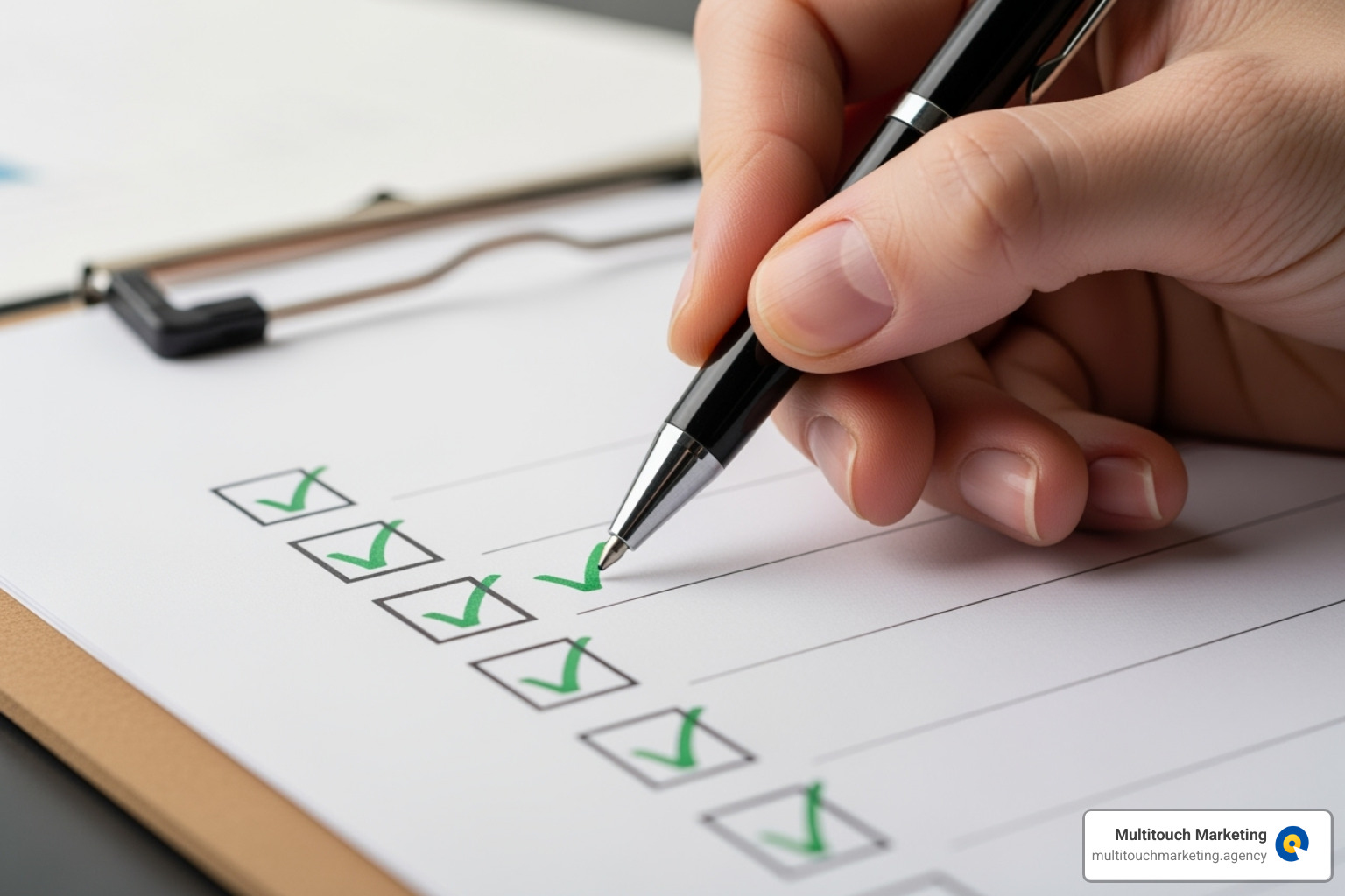checklist with items like "Brand Consistency" and "Security" ticked off - multi site management