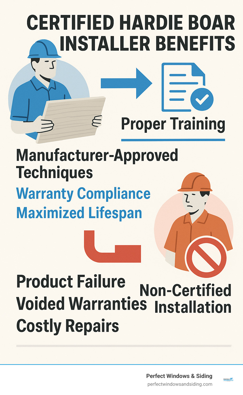 Infographic showing certified hardie board installer benefits: proper training leads to manufacturer-approved techniques, which ensures warranty compliance and maximizes product lifespan, while non-certified installation risks product failure, voided warranties, and costly repairs - certified hardie board installer infographic 
