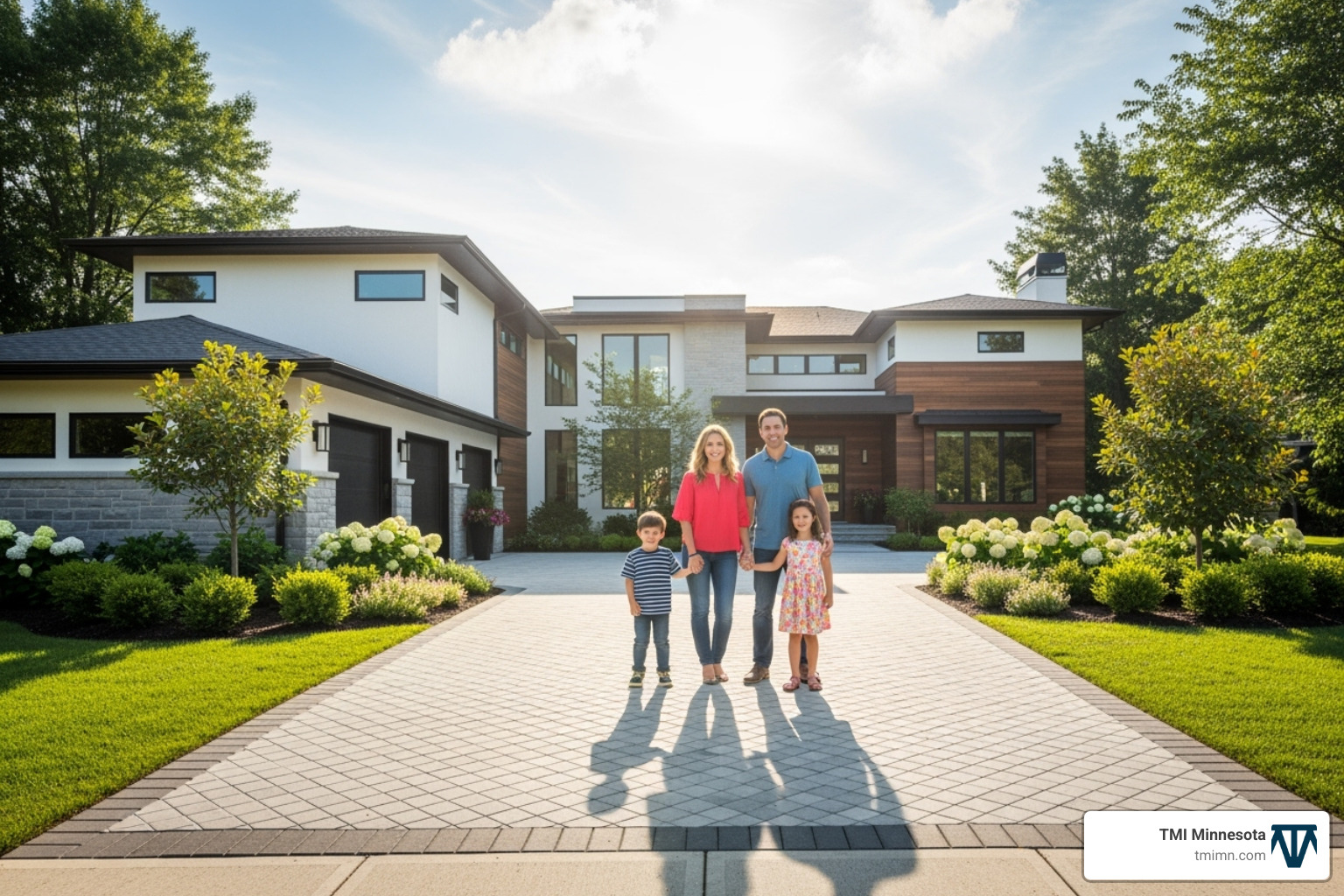 beautiful, completed driveway project with a happy family - driveway designs pictures