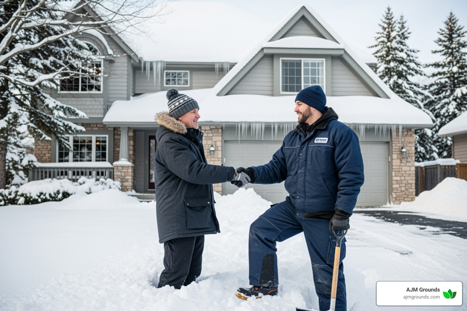 A homeowner shaking hands with a uniformed snow removal professional - residential plowing prices
