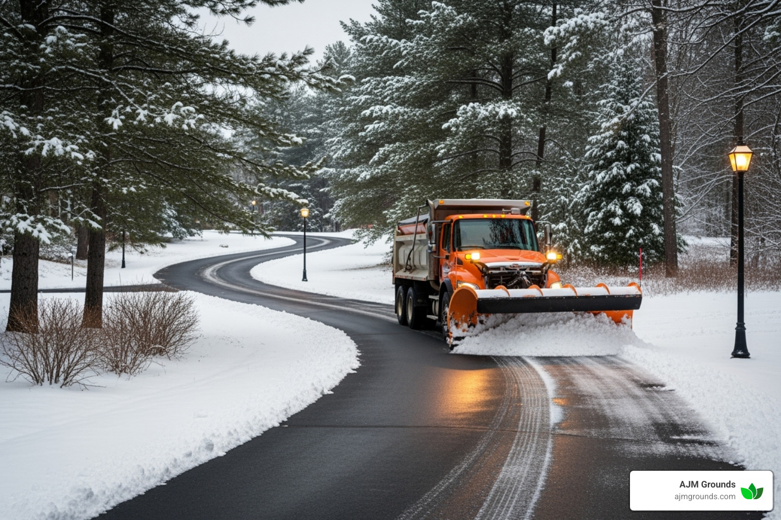 A snow plow truck clearing a long, curved driveway, highlighting the complexity - residential plowing prices