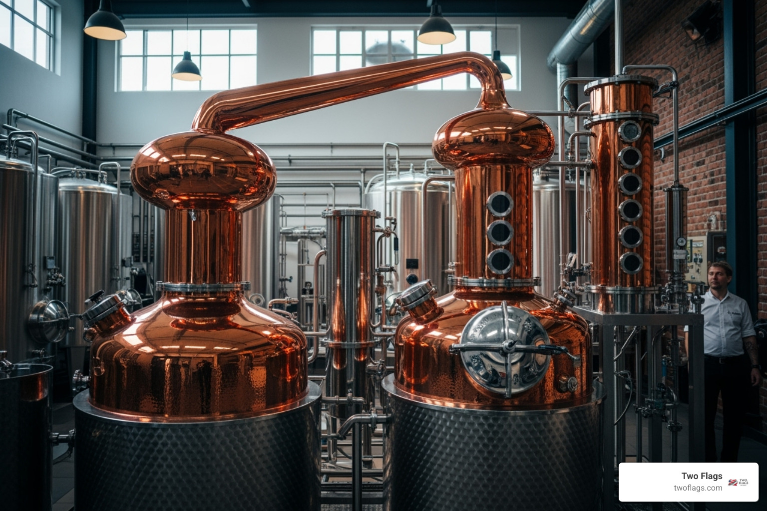 A gleaming copper pot still in a distillery, symbolizing the traditional and precise method of distillation used in crafting high-quality organic vodka. - What is organic vodka?