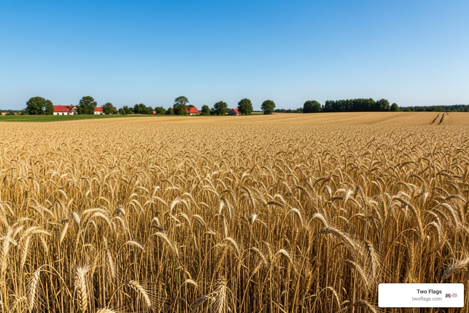 A vibrant field of organic rye under a clear blue sky in Poland, ready for harvest, symbolizing the pristine origins of organic vodka production. - What is organic vodka?