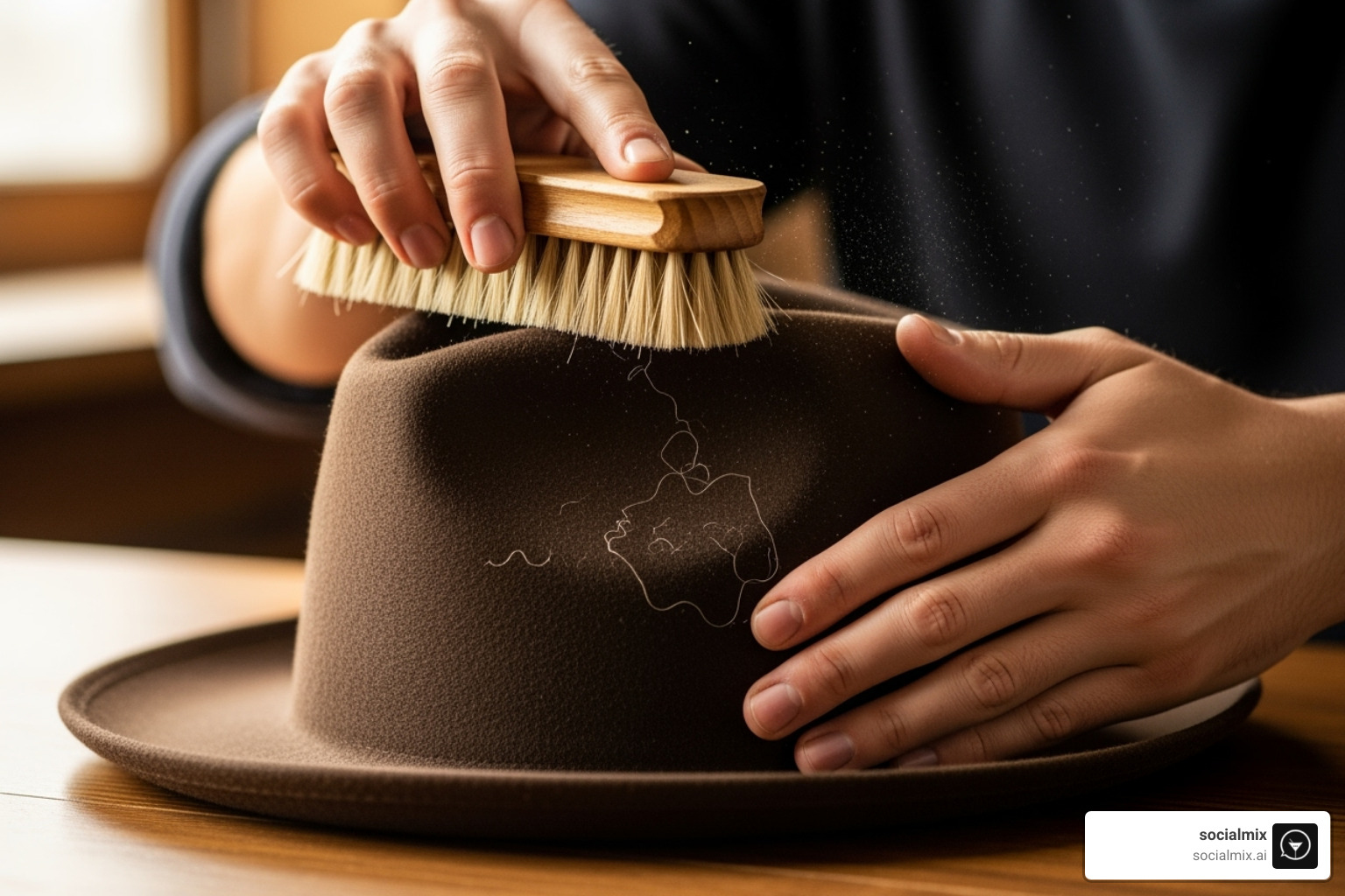 person gently cleaning a wool felt hat with a brush - rancher hat womens