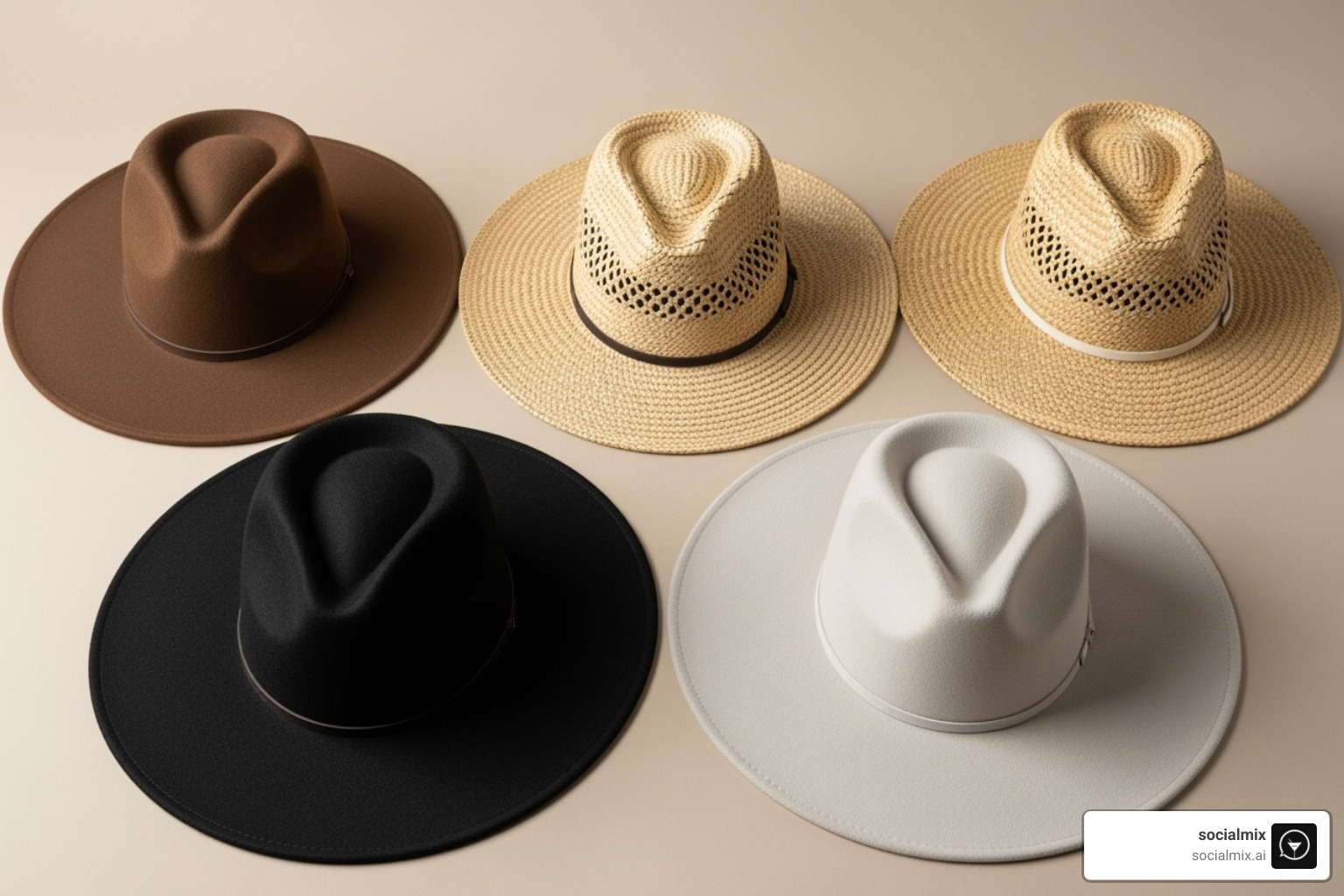 flat lay showing rancher hats in different materials like wool felt and straw - rancher hat womens