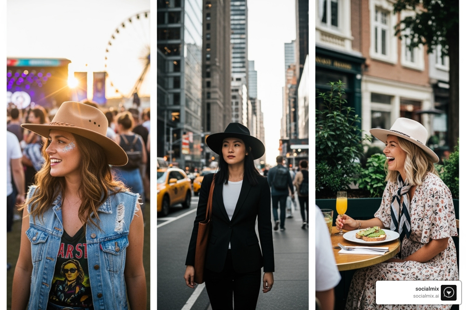 three women in a collage, each showcasing a different rancher hat style: one at a festival, one in a city, one at brunch - rancher hat womens