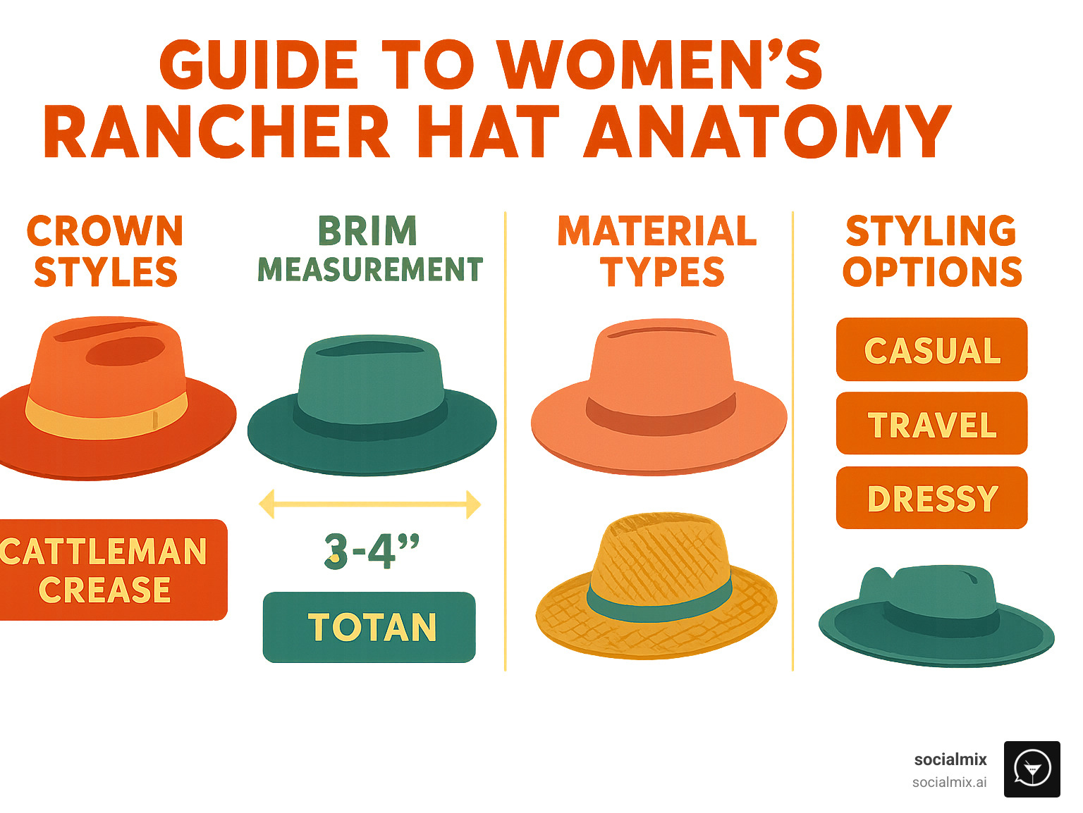 Comprehensive guide to women's rancher hat anatomy showing crown styles, brim measurements, material types, and styling options for different occasions - rancher hat womens infographic 