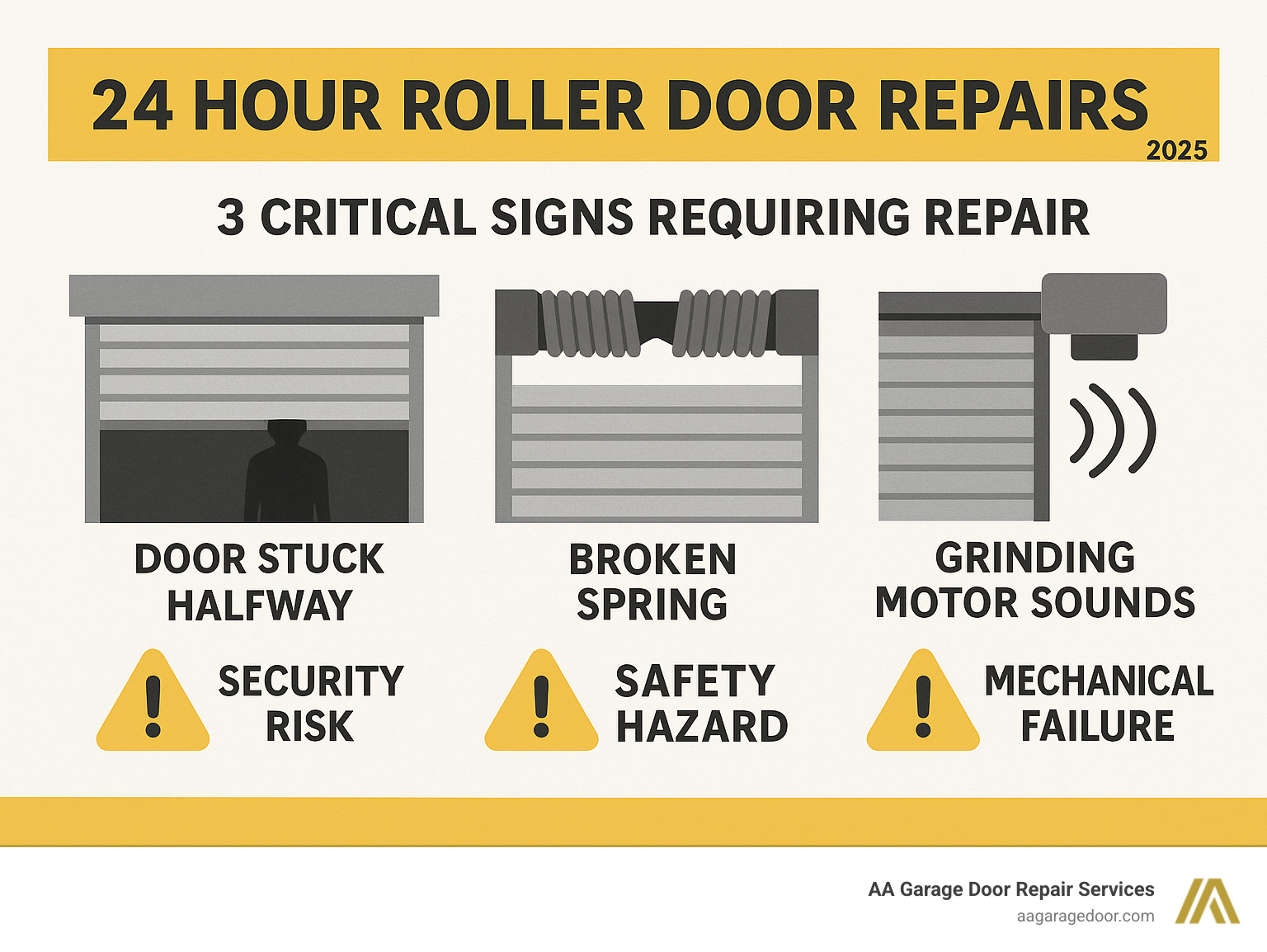 Infographic showing three critical signs requiring immediate roller door repair: door stuck halfway open with security risk warning, broken spring with safety hazard alert, and grinding motor sounds with mechanical failure indicator - 24 hour roller door repairs infographic 
