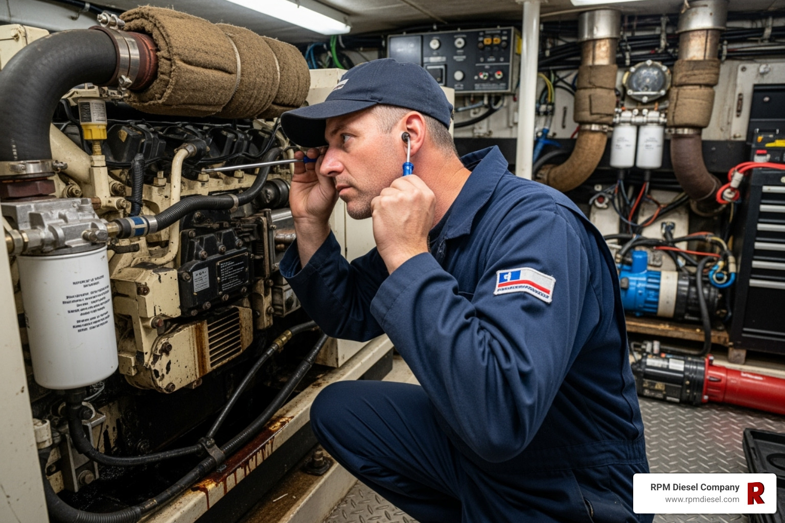 A technician listening to a generator engine - Generator repair Miami FL