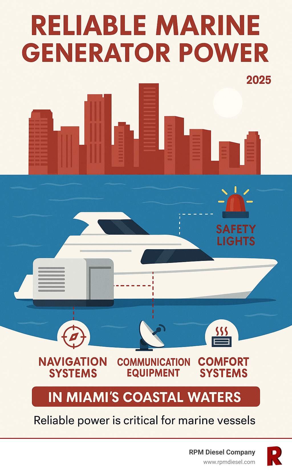 Infographic showing marine generator powering navigation systems, communication equipment, safety lights, and comfort systems on a yacht, with Miami's skyline in background highlighting the critical role of reliable power for marine vessels in coastal waters - Generator repair Miami FL infographic 