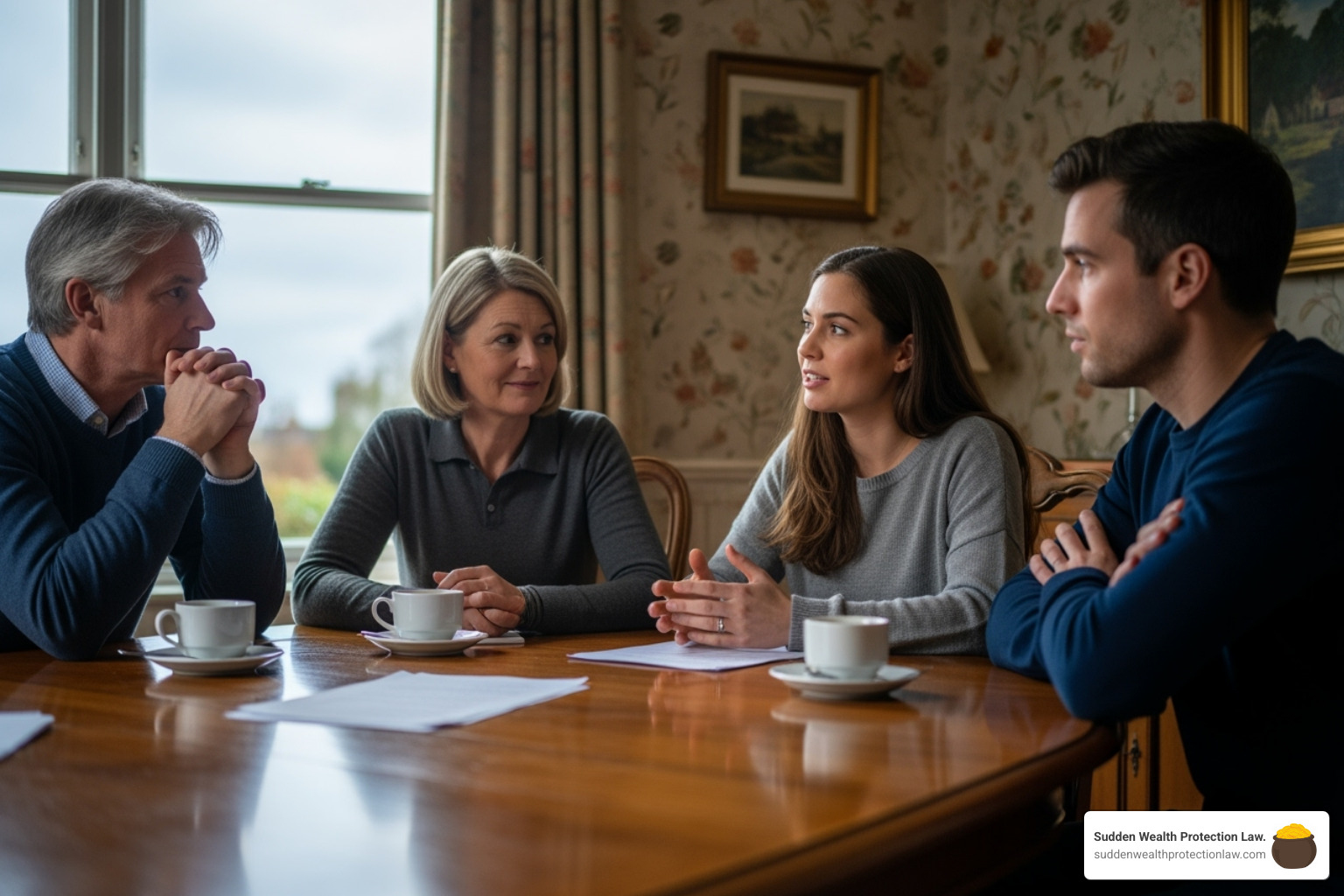 family having a serious but calm discussion at a table - estate planning for blended families family having a serious but calm discussion at a table - estate planning for blended families