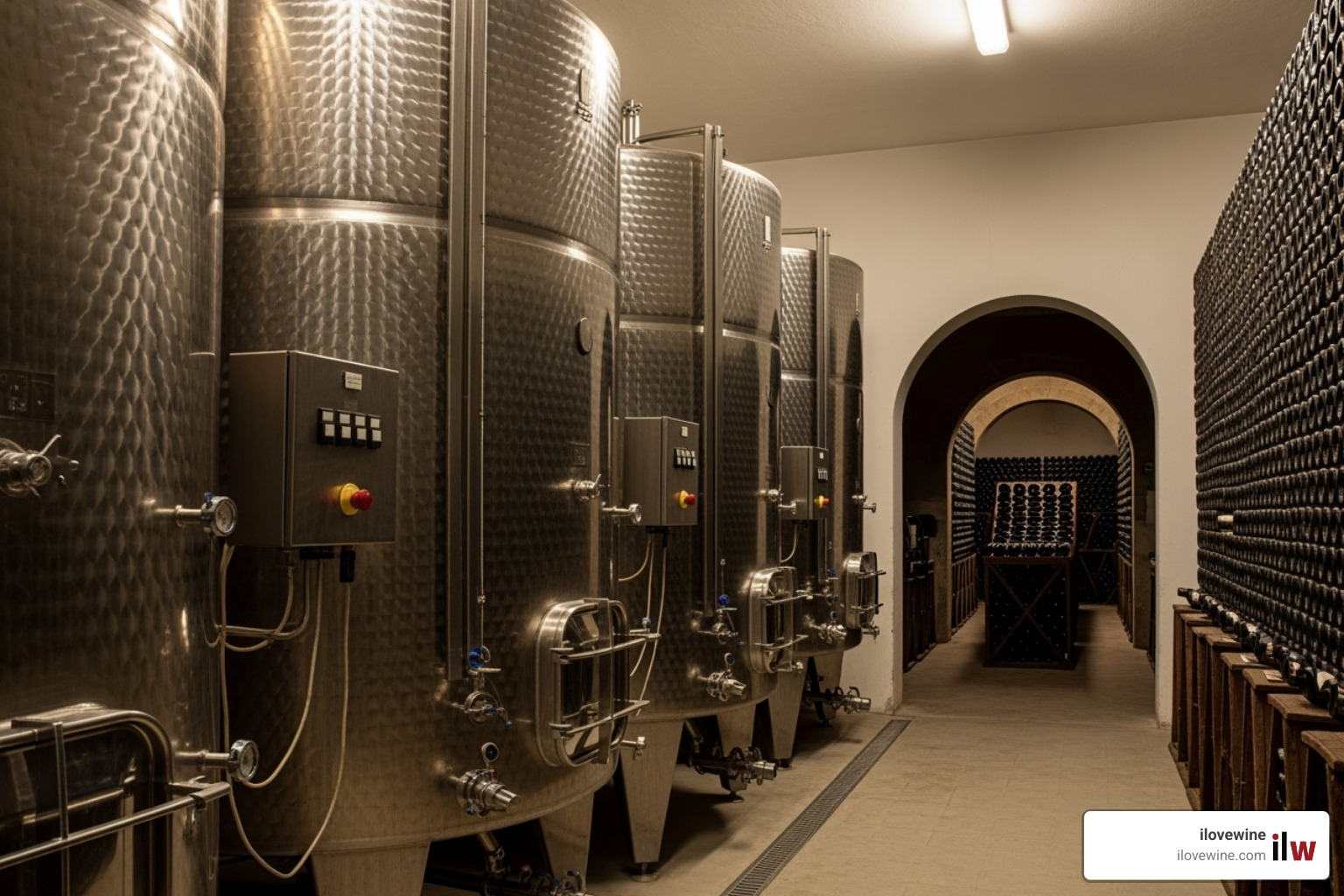 Stainless steel tanks for Charmat method side-by-side with bottles aging for Traditional method - prosecco vs brut