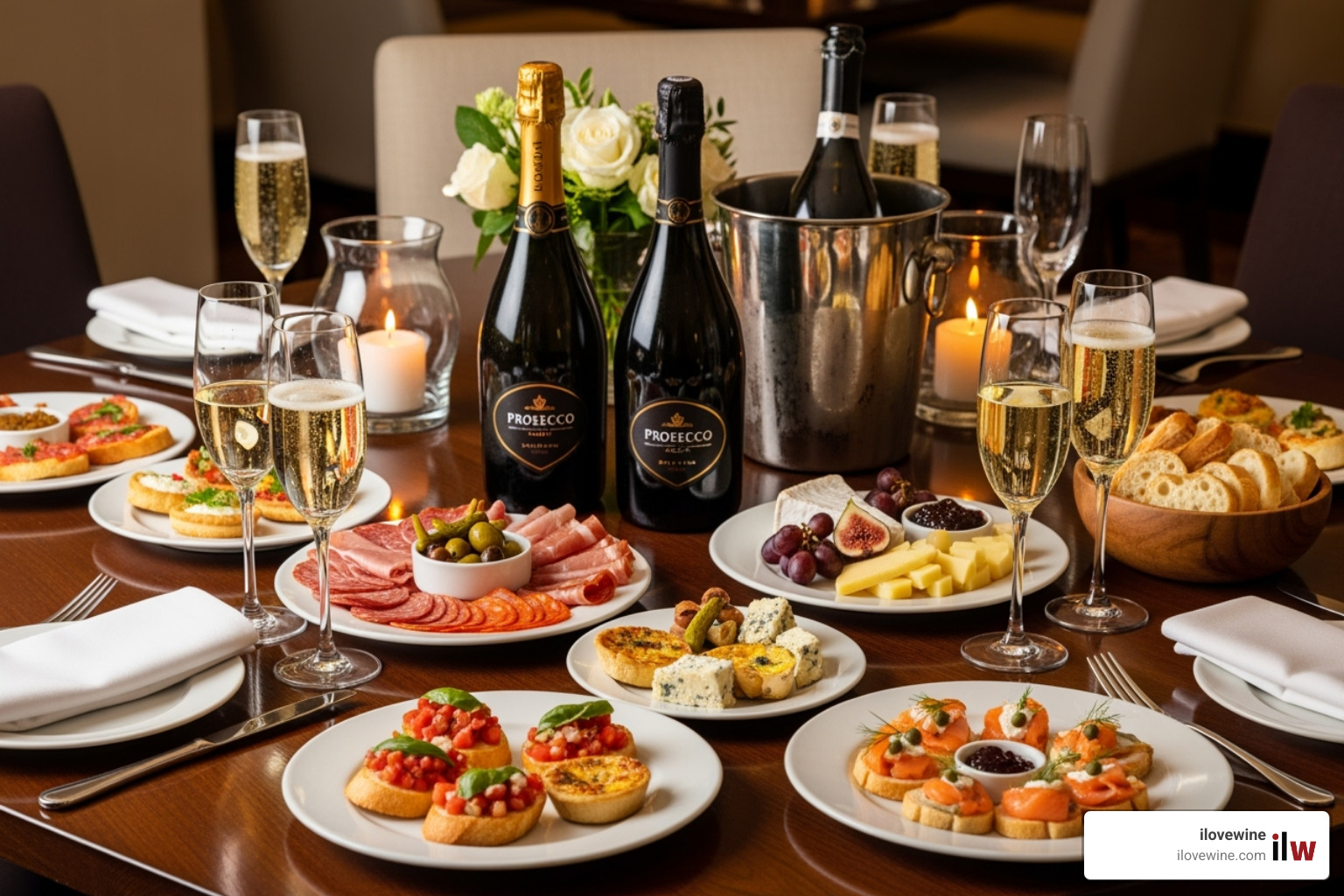 Well-set table with Prosecco and various food pairings - prosecco vs brut