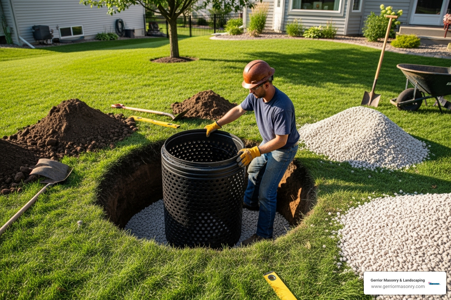 dry well installation in progress - lawn dry well