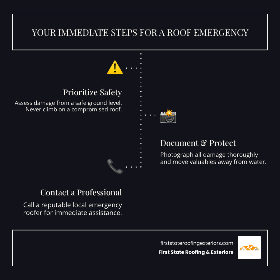 Infographic showing emergency roof repair process: Step 1 - Stay Safe and assess from ground level, Step 2 - Document damage with photos and protect interior belongings, Step 3 - Call professional roofer immediately for 24/7 emergency response - Emergency roof repair infographic infographic-line-3-steps-dark