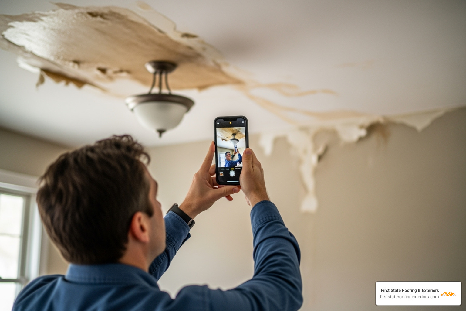 Homeowner safely taking photos of interior water damage from the ground - Emergency roof repair
