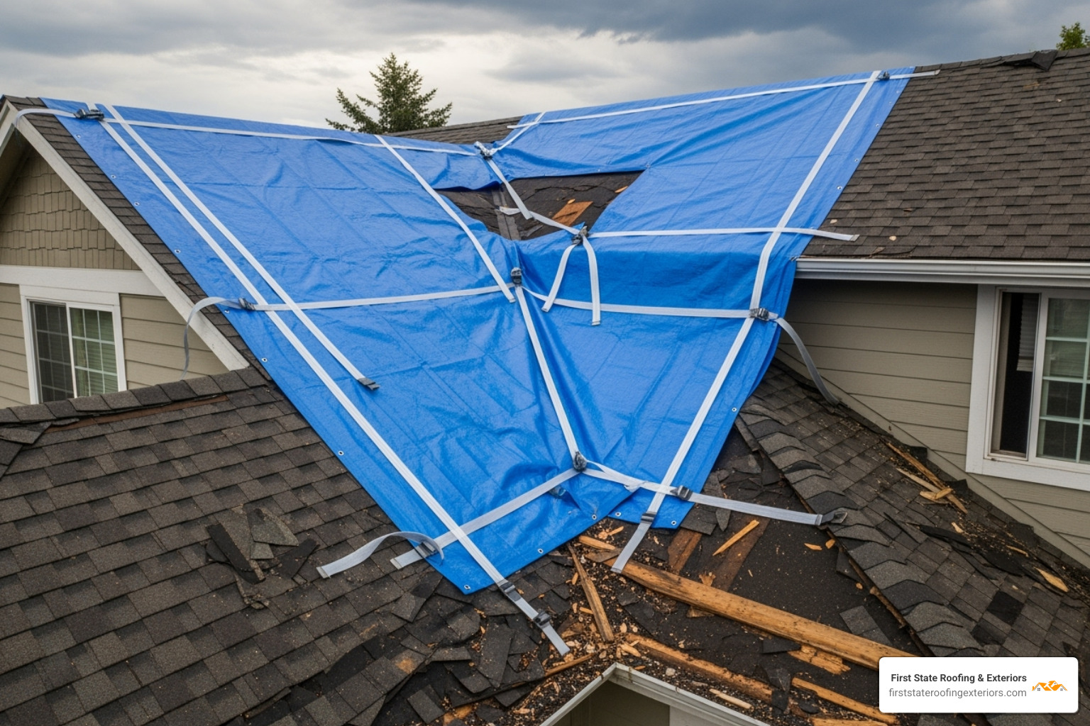 Professionally installed emergency roof tarp - Emergency roof repair