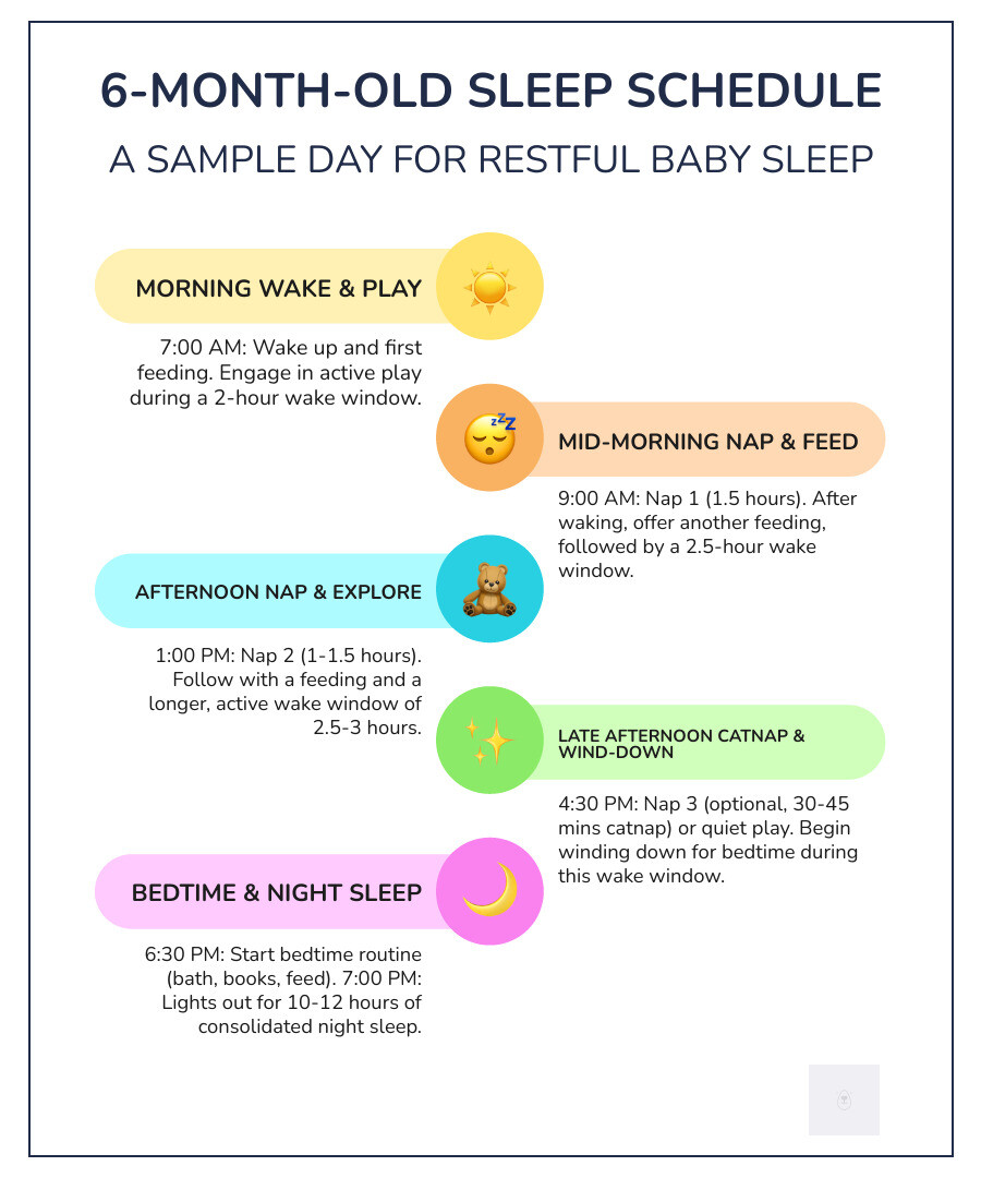 a sample 6-month-old's daily sleep and wake schedule - 6 month old baby sleep pattern infographic infographic-line-5-steps-colors