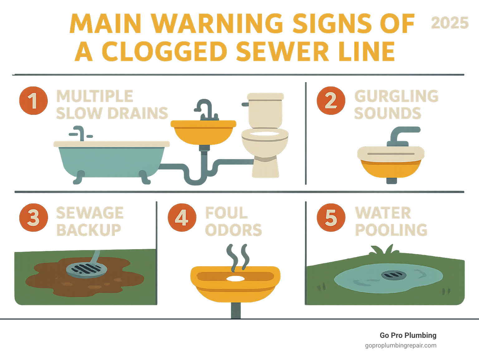 Comprehensive infographic showing the 5 main warning signs of a clogged main sewer line: multiple slow drains throughout the house, gurgling sounds from drains and toilets, sewage backup in basement floor drains, foul odors coming from drains, and water pooling around basement drains or in the yard - sewer line clogged cost infographic 