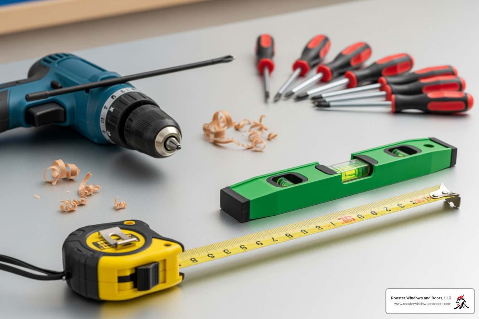 Tools laid out neatly for a DIY project, including a tape measure, level, power drill, and various screwdrivers - sliding closet door installation