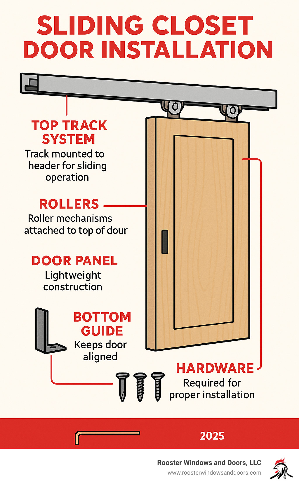 Detailed breakdown of sliding closet door components including top track system, roller mechanisms, bottom guide placement, door panel specifications, and hardware requirements for proper installation - sliding closet door installation infographic 