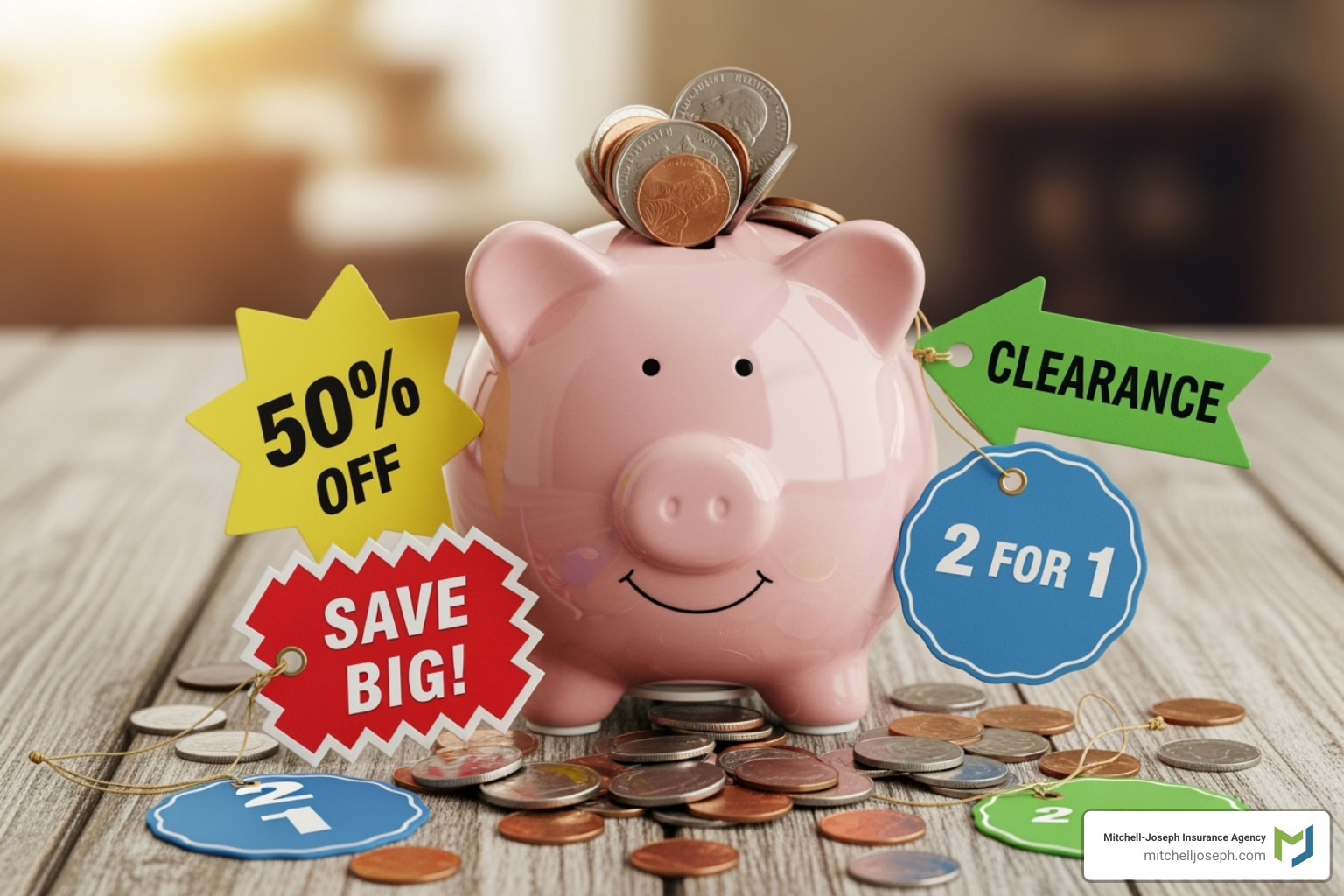 Image of a piggy bank with coins and various discount tags - how to insure a pop up camper Image of a piggy bank with coins and various discount tags - how to insure a pop up camper