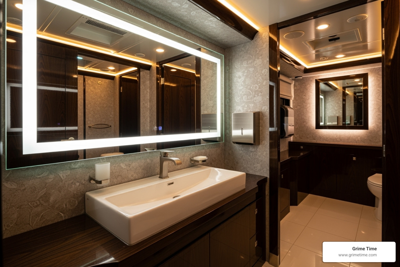 Image of the interior of a luxury restroom trailer with a sink and mirror - rent a portable toilet near me