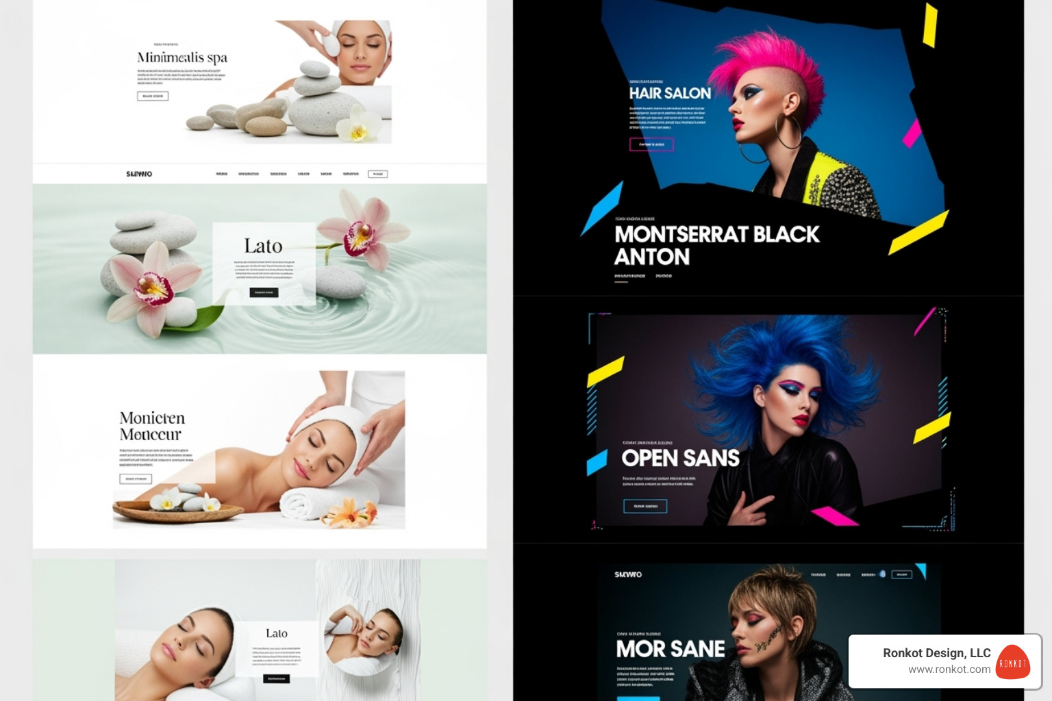 Comparing a minimalist spa website design with a bold, modern hair salon design - beauty salon website themes Comparing a minimalist spa website design with a bold, modern hair salon design - beauty salon website themes