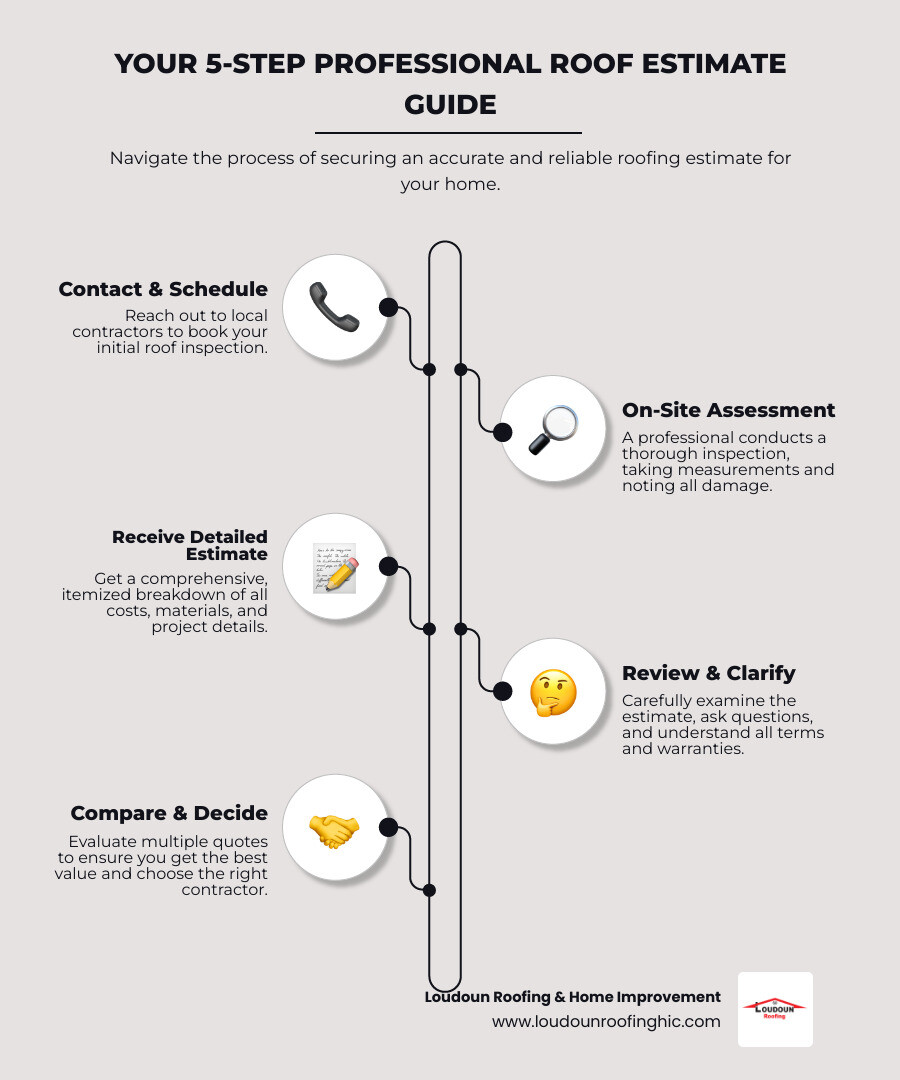 Infographic showing the 4-step process of getting a professional roof estimate: 1) Contact contractor and schedule inspection, 2) On-site assessment of roof condition and measurements, 3) Detailed written estimate with itemized costs, 4) Review estimate and ask questions before deciding - free roof estimate infographic infographic-line-5-steps-neat_beige
