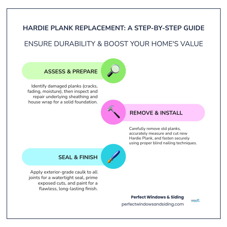 Infographic showing the complete Hardie Plank replacement process from damage assessment through final sealing, including timeline estimates, tool requirements, cost breakdown between DIY and professional installation, and long-term maintenance benefits - hardie plank replacement infographic infographic-line-3-steps-colors Infographic showing the complete Hardie Plank replacement process from damage assessment through final sealing, including timeline estimates, tool requirements, cost breakdown between DIY and professional installation, and long-term maintenance benefits - hardie plank replacement infographic infographic-line-3-steps-colors
