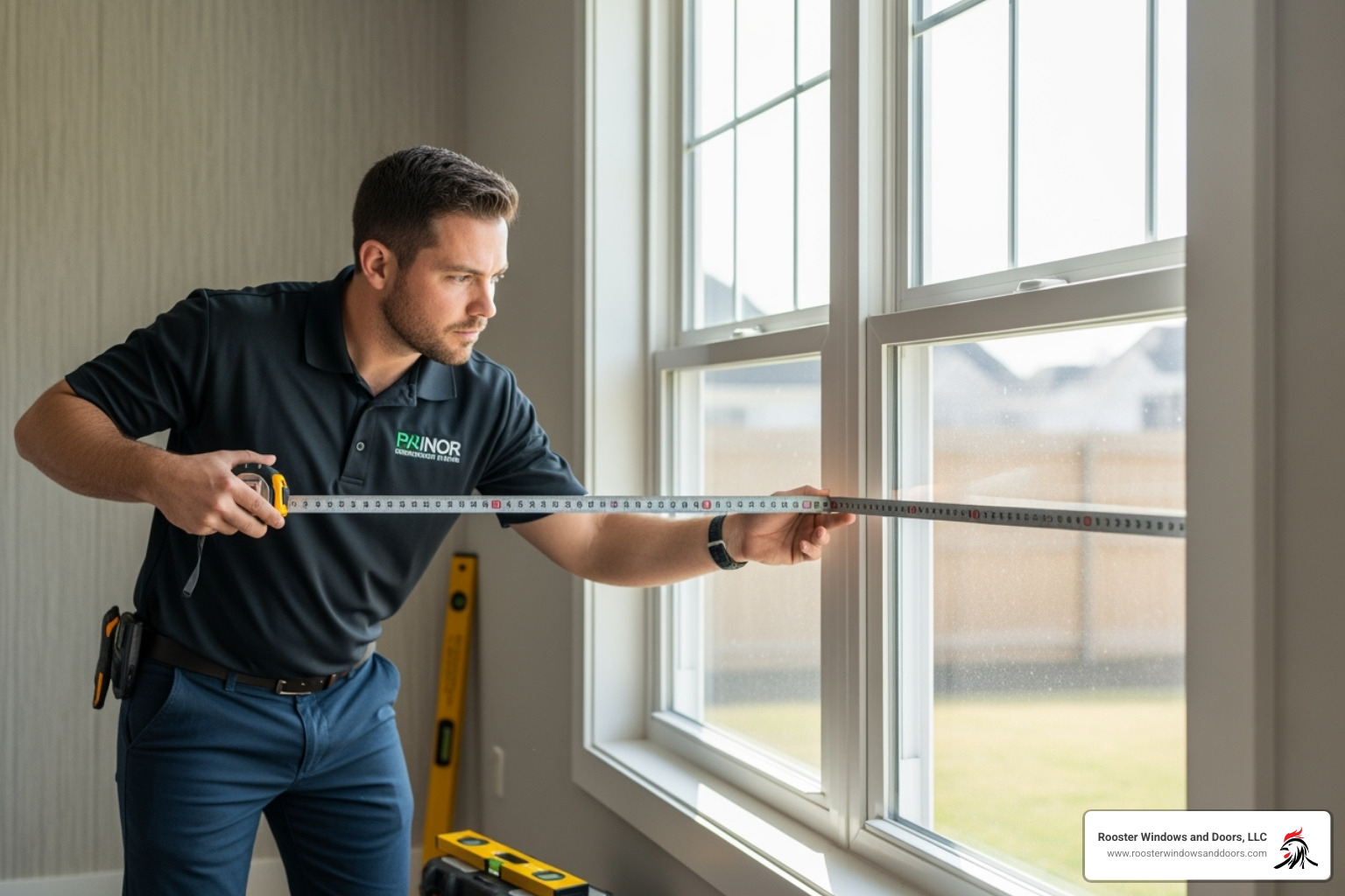 of a professional installer carefully measuring a window opening - window installation St Charles