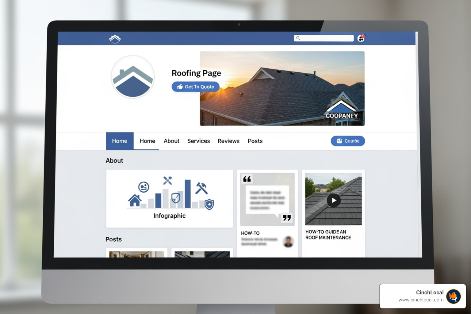 Professional and complete roofing company Facebook business page - Social media for roofers
