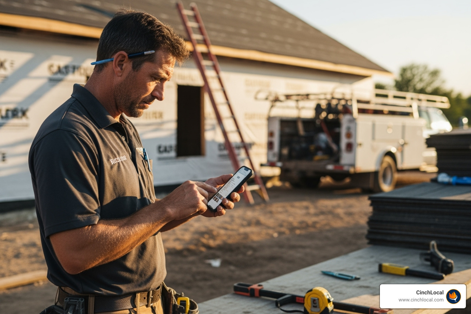 Roofing company checking social media engagement on phone - Social media for roofers