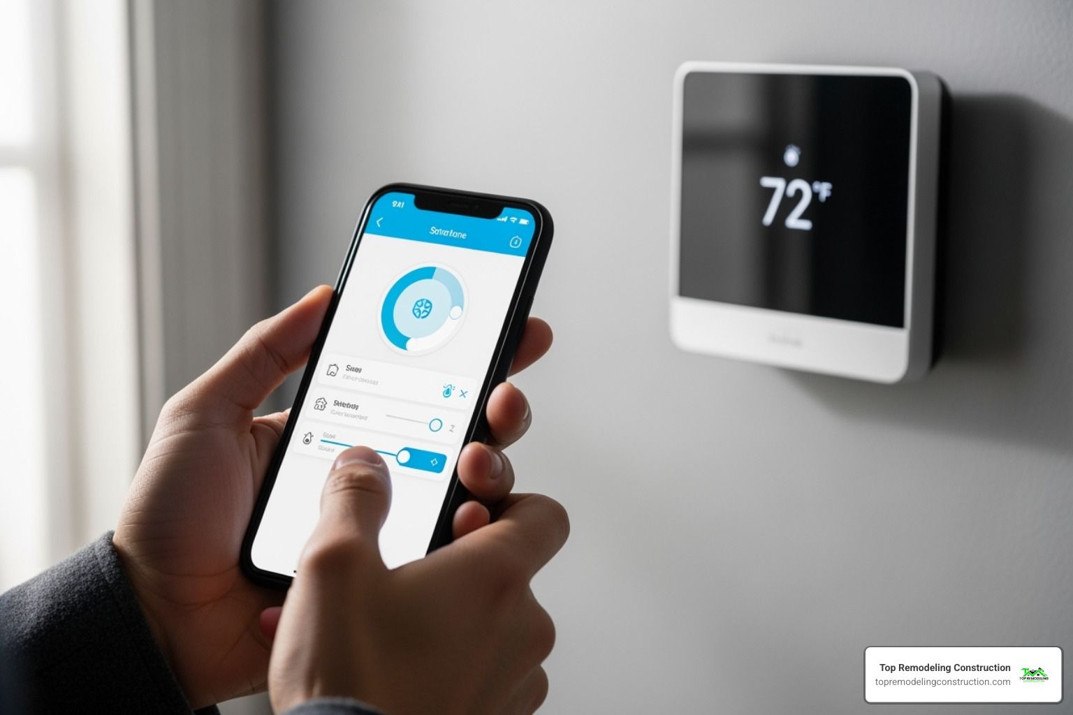 A person adjusting a smart thermostat on their phone, with the thermostat visible on the wall in the background - simple home upgrades A person adjusting a smart thermostat on their phone, with the thermostat visible on the wall in the background - simple home upgrades