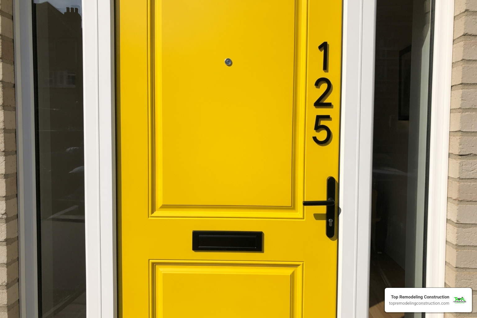 A freshly painted yellow front door with a new, stylish black handle and updated house numbers - simple home upgrades A freshly painted yellow front door with a new, stylish black handle and updated house numbers - simple home upgrades