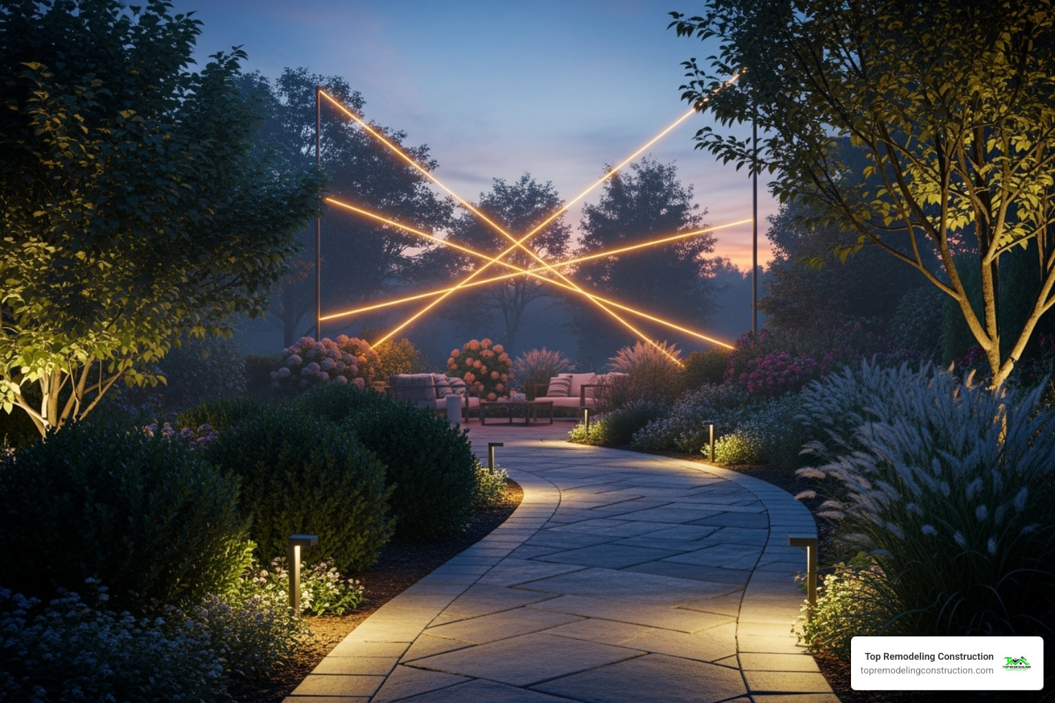 A landscaped path illuminated by solar lights, with string lights strung over a patio in the background - simple home upgrades A landscaped path illuminated by solar lights, with string lights strung over a patio in the background - simple home upgrades
