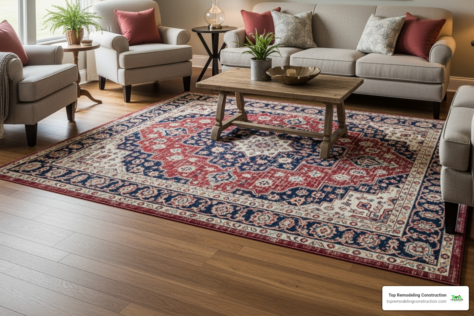 A stylish area rug laid over existing hardwood floors in a living room, adding warmth and color - simple home upgrades A stylish area rug laid over existing hardwood floors in a living room, adding warmth and color - simple home upgrades