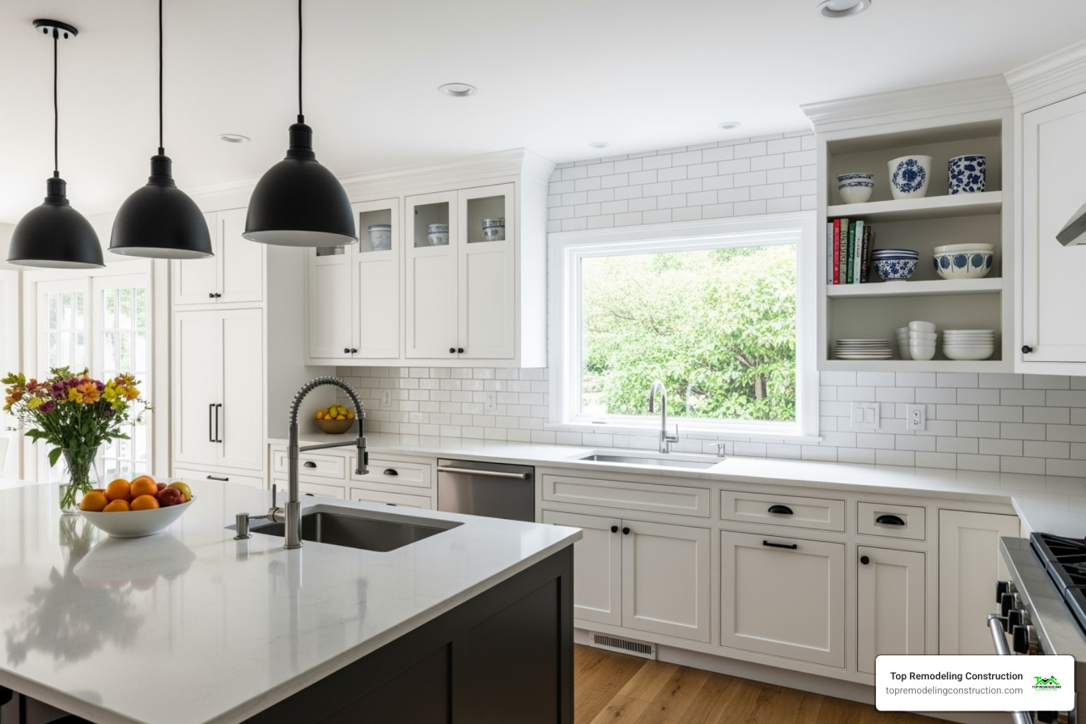 A modern kitchen with freshly painted white cabinets and sleek black hardware, featuring open shelving and a new backsplash - simple home upgrades A modern kitchen with freshly painted white cabinets and sleek black hardware, featuring open shelving and a new backsplash - simple home upgrades