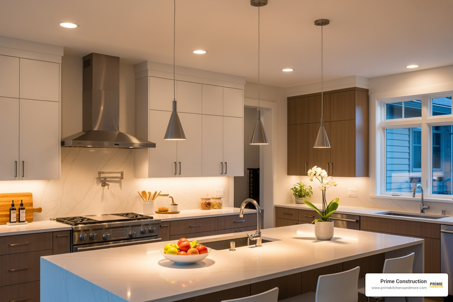 kitchen with layered lighting, including pendant lights over an island, under-cabinet LEDs, and recessed ceiling lights - how to design a custom kitchen