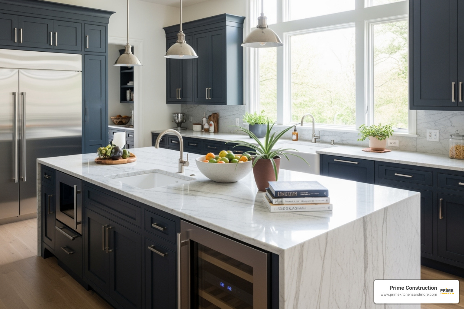 kitchen island with custom cabinetry and a statement waterfall countertop - how to design a custom kitchen