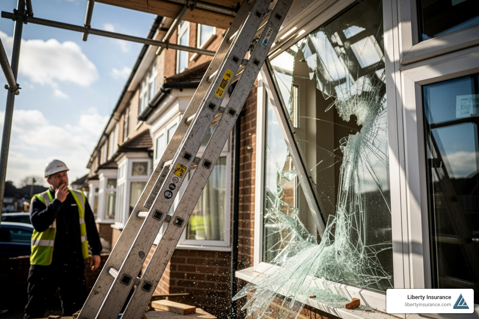A scenario depicting a covered liability, like a ladder falling and damaging a client's property - nj contractor insurance requirements