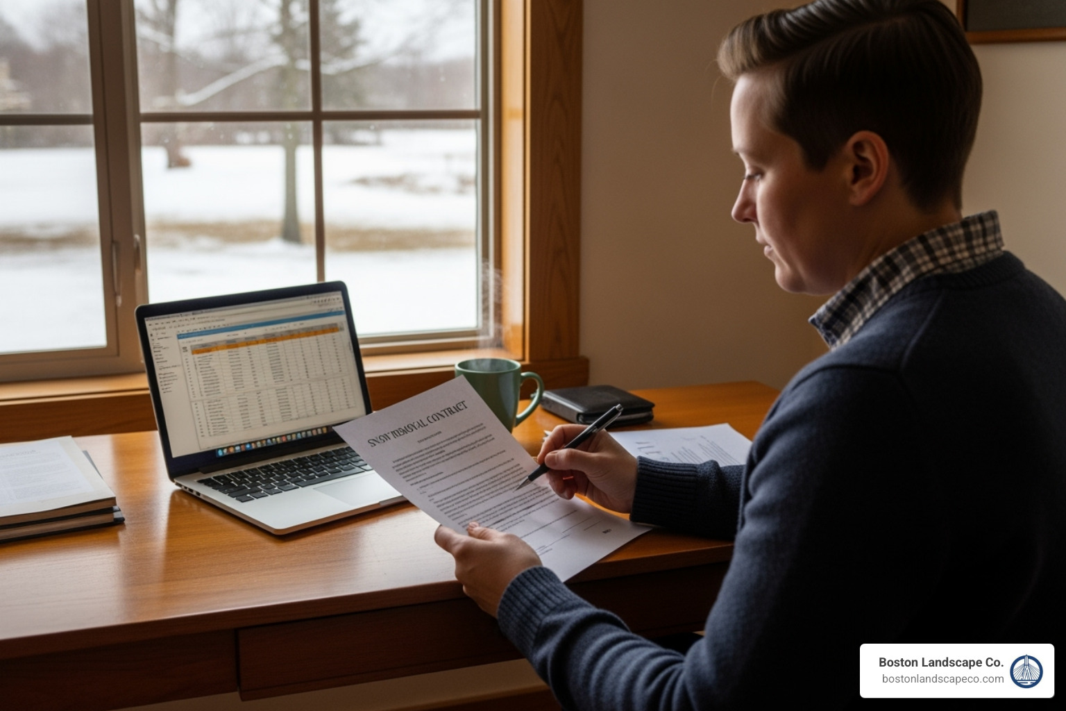 A person reviewing a snow removal contract - Snow removal for businesses