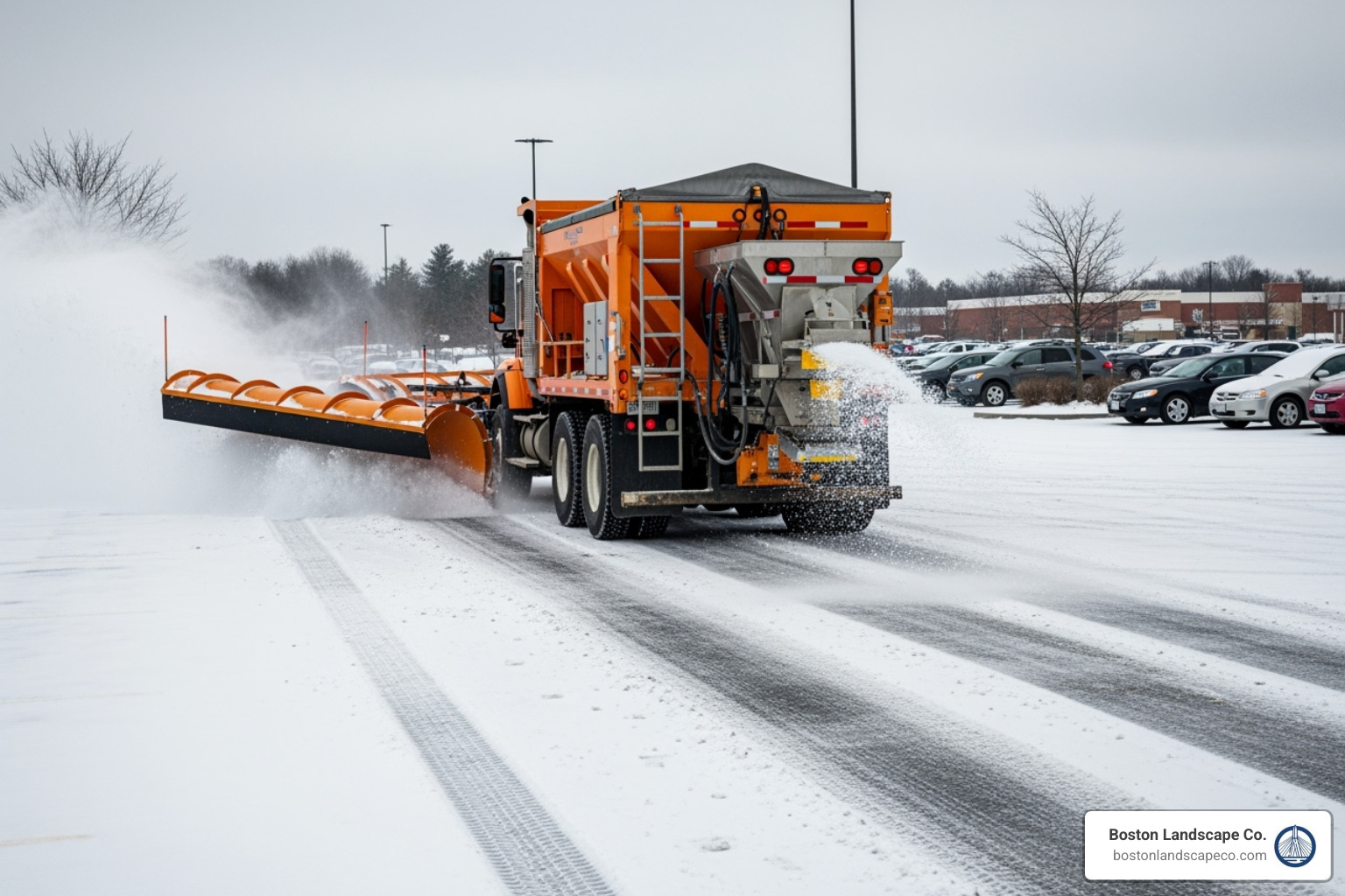 Various snow removal equipment like a plow truck and a salt spreader working on a commercial property - Snow removal for businesses